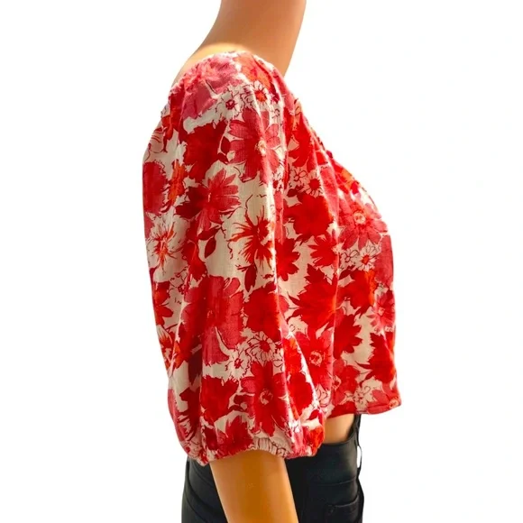 LUCKY BRAND NWT Floral Linen Blend Short Puff Sleeve Crop Top Red White Large - Picture 4 of 9